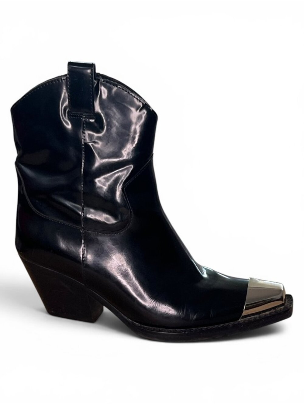 Jeffrey Campbell Defence Black Patent Leather Boots w/ Silver Toe Cap Sz 6